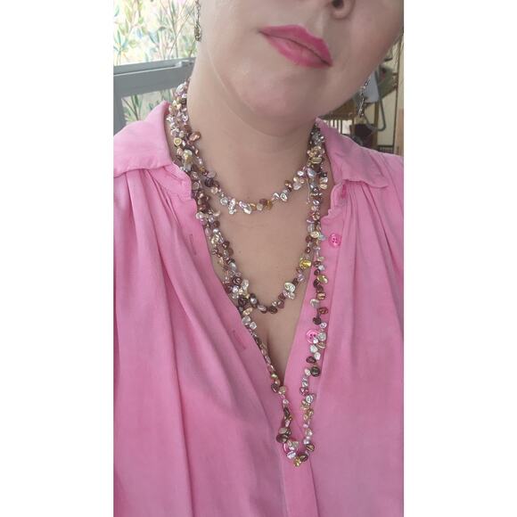 Long Strand Golden green Pink Keshi Pearl Necklace Artisan Genuine 34" Triple - Picture 8 of 11